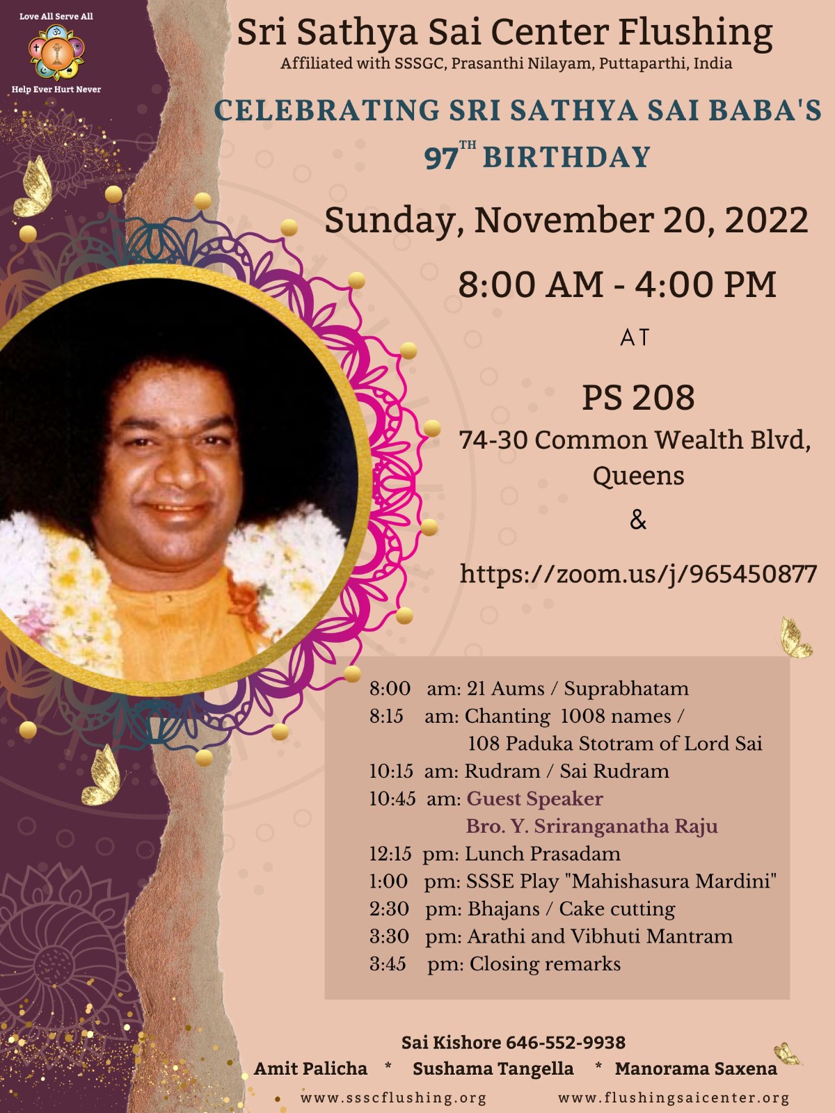 97th Birthday Celebrations (In-Person (PS 208) or Online) | Br. Y Sriranganatha Raju (Alumnus SSSIHL – India) – Sunday, Nov 20th 2022